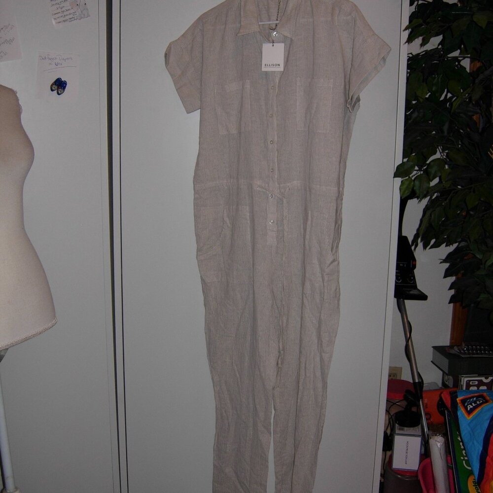Ellison Linen Blend Pin Striped Jumpsuit L NWT